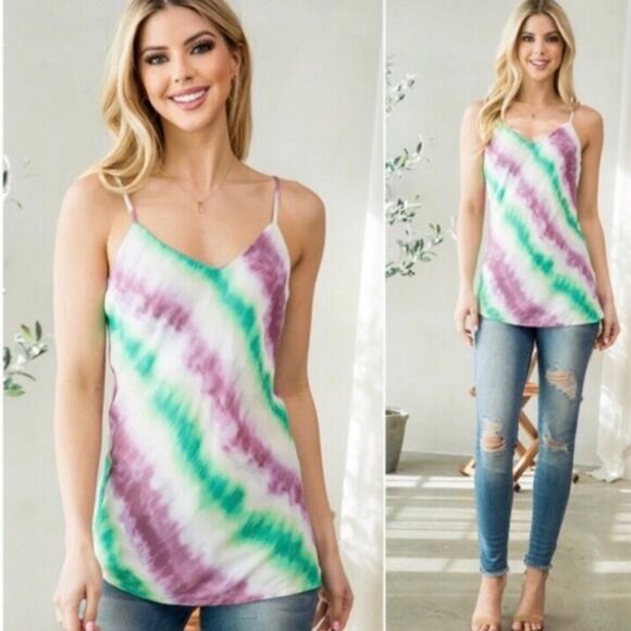 Blue B Junior Lightweight Rayon Tank Top in Colorful Purple & Green Tie Dye - Picture 1 of 9